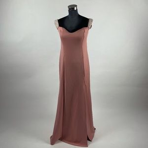 Crystal Doll Sleeveless Sweetheart Neckline Beaded Peach Evening Gown Maxi Dress